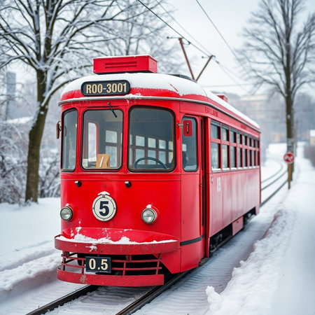 Old red tram on a snowy winter day in Vilnius, Lithuaniaの素材