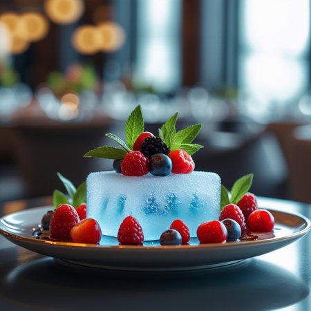 Delicious mousse cake with berries and mint on a plate.の素材