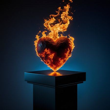 Burning heart in a box on dark background. 3d renderingの素材