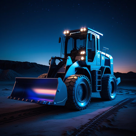 Bulldozer in the desert at night. 3D rendering.の素材
