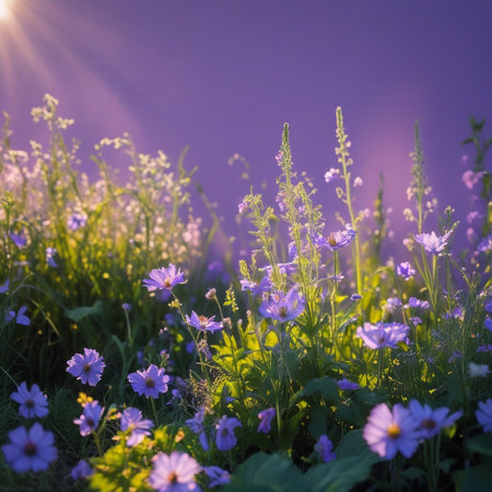 Beautiful meadow with flowers in the rays of the setting sunの素材