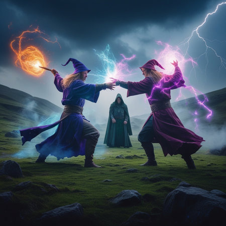 Three witches with magic wand in the mountains at night. Halloween conceptの素材