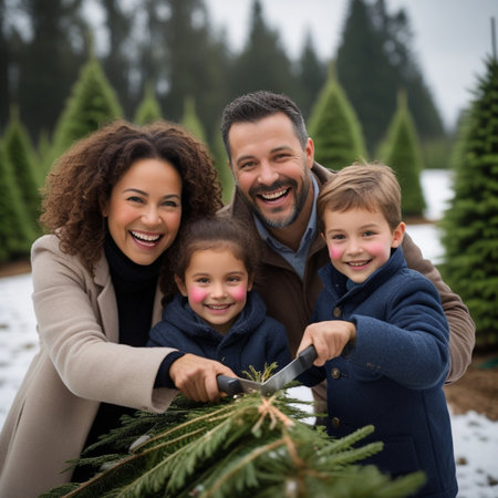 Portrait of happy family cutting Christmas tree with scissors in snowの素材
