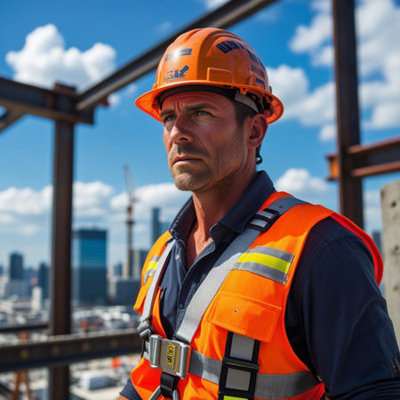 Portrait of a construction worker on a background of blue sky.の素材