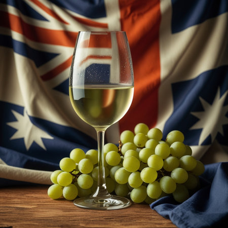 Glass of white wine with grapes on the background of the flag of the United Kingdomの素材