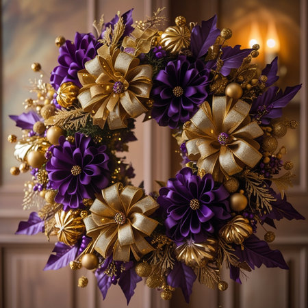 Christmas wreath with gold and purple flowers on a wooden background.の素材