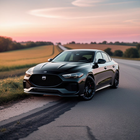 Modern car on the road at sunset. 3d rendering image.の素材
