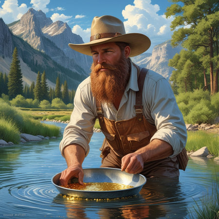 Fisherman with a long red beard and mustache in a hat with a frying pan in the middle of a mountain lakeの素材