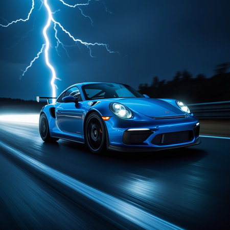 Blue sport car on the road with lightning in the background. 3d renderingの素材