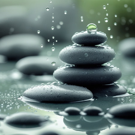 Spa stones with water drops and drops on green background. Zen conceptの素材