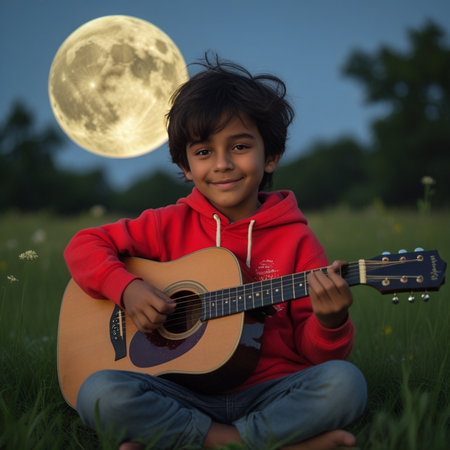 Little boy playing guitar in the meadow at night with full moonの素材