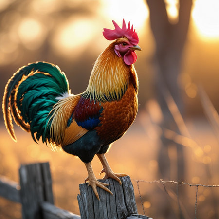 Colorful rooster standing on a wooden fence in the rays of the setting sunの素材