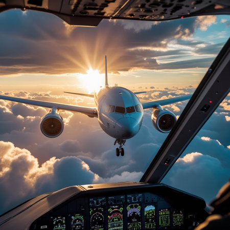 Airplane in the sky at sunset. View from the cockpit.の素材