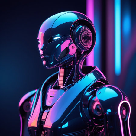 3d rendering humanoid robot in neon light on a dark background.の素材