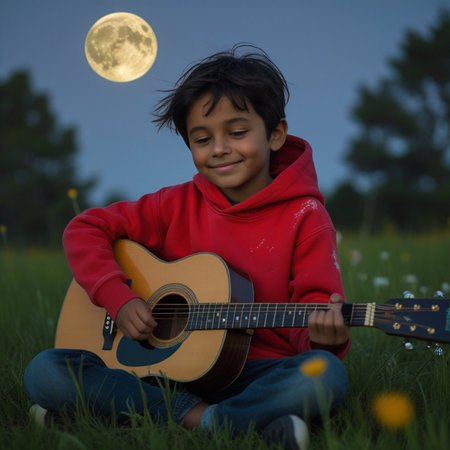 Boy playing guitar in the meadow with full moon in the backgroundの素材