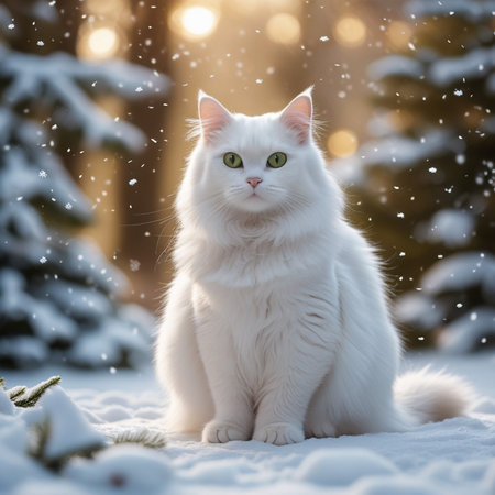 Beautiful white cat sitting on the snow in the forest in winterの素材