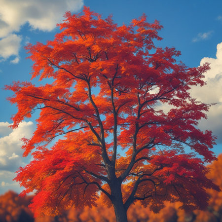 Autumn tree with red leaves on blue sky background, tonedの素材