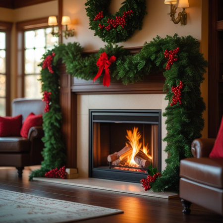 Fireplace in the living room with a Christmas tree on the backgroundの素材