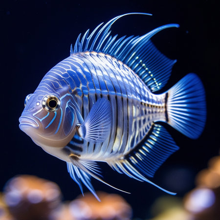 Beautiful aquarium fish in blue water. Tropical fish in the aquarium.の素材