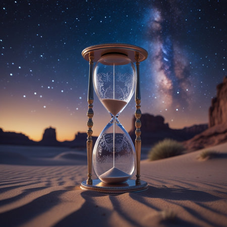 Hourglass in the desert. Sandglass in the desert at night.の素材