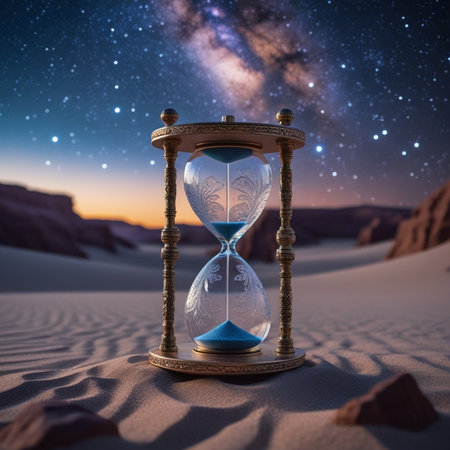 Hourglass in the desert. Time concept. 3D Renderingの素材