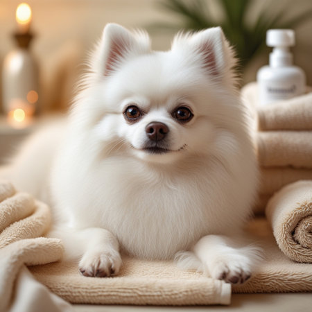 Cute Pomeranian dog with towel on bed, closeupの素材