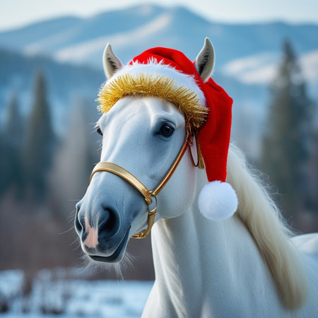 White horse with red santa hat on the snowy mountains background.の素材