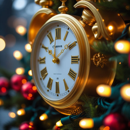 New Year and Christmas background with Christmas tree and golden clock. Selective focus.の素材