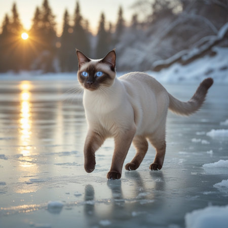 Siamese cat walking on frozen lake in winter at sunset.の素材