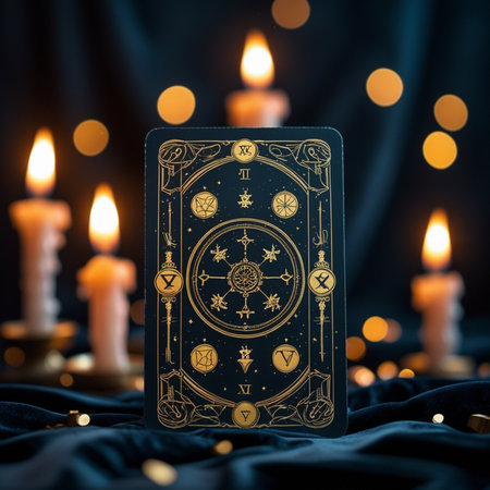 Ace of spades playing card with burning candles on dark backgroundの素材