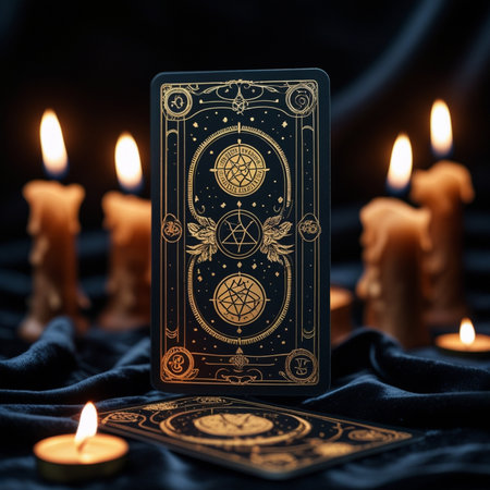 Tarot cards on a dark background with candles. Tarot cardsの素材
