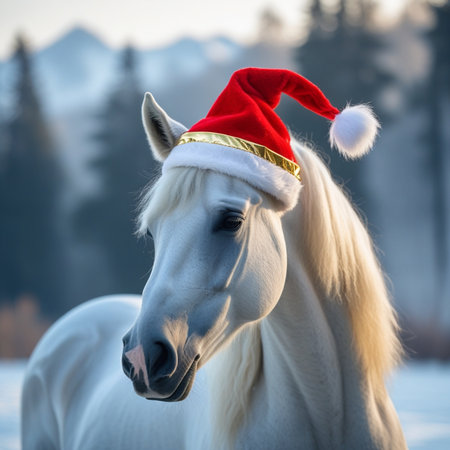 White horse in red santa hat on the background of winter forestの素材