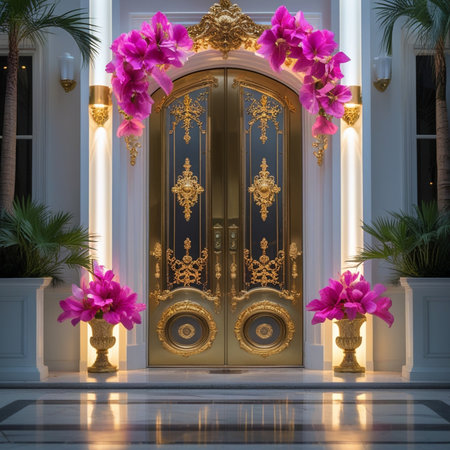 golden door decorated with flowers in luxury hotel, 3d renderingの素材