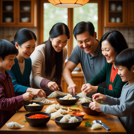 Asian family eating dumplings at home, Asian familyの素材
