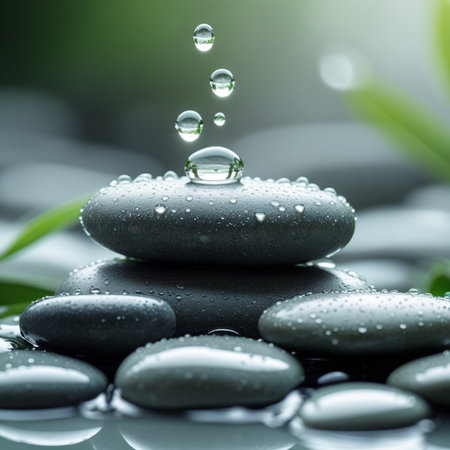 Spa stones with water drops and green leaves on dark background.の素材