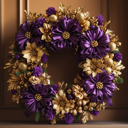 Christmas wreath made of golden and purple flowers. 3D renderingの素材