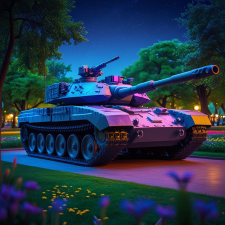 Tanks in the park at night. 3D rendering. Illustration.の素材