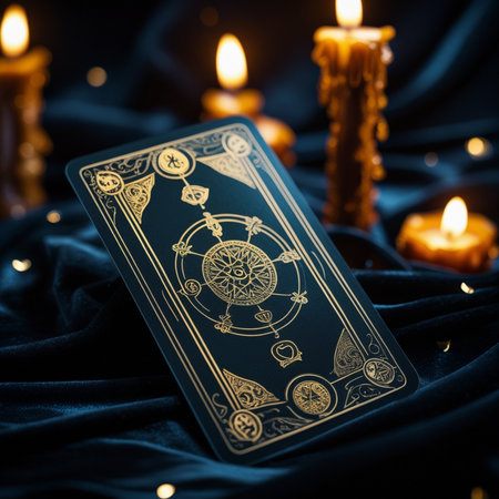 Tarot cards and candles on a blue fabric background. Toned.の素材