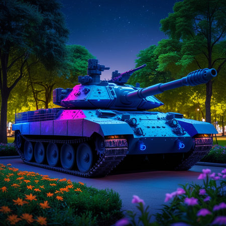 3D rendering of a tank in the park at night with starsの素材