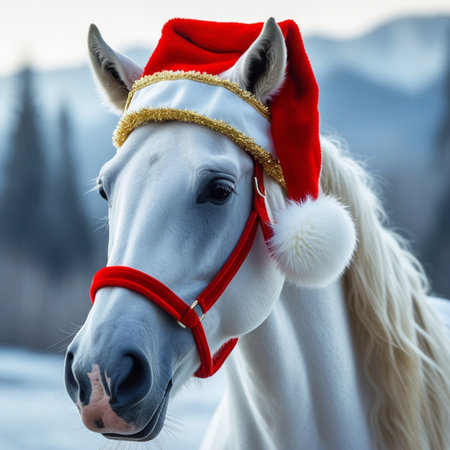 Portrait of a white horse with red Santa Claus hatの素材
