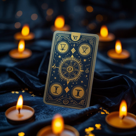 Tarot cards on a black cloth with candles in the background.の素材