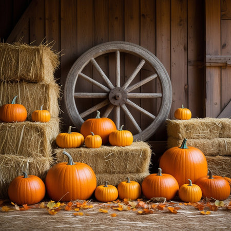 Pumpkins, hay bales and wooden wheels on rustic backgroundの素材