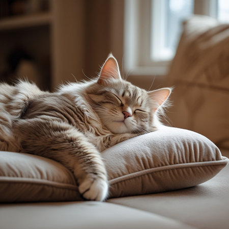 Siberian cat sleeping on a pillow in the living room.の素材