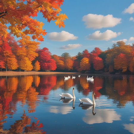 Beautiful autumn landscape with swans on the lake and colorful treesの素材
