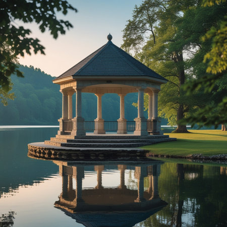 Gazebo on the lake in a beautiful park at sunriseの素材