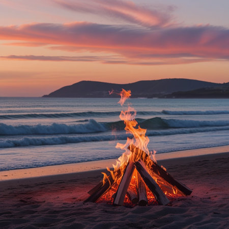 Bonfire on the beach at sunset in Galicia, Spain.の素材