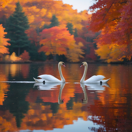 Beautiful swans on the lake in the autumnal forest.の素材