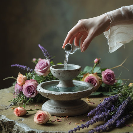Hand pouring water into a ceramic bowl with lavender flowers, vintage styleの素材