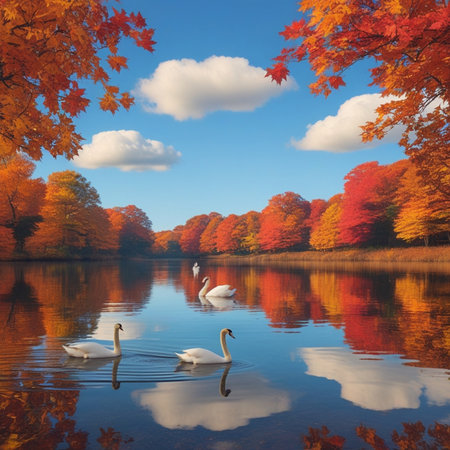 Beautiful autumn landscape with white swans on the lake and colorful forestの素材