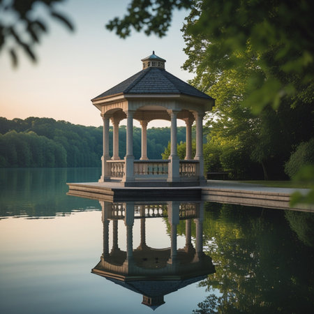 gazebo on the lake in the park at sunset.の素材